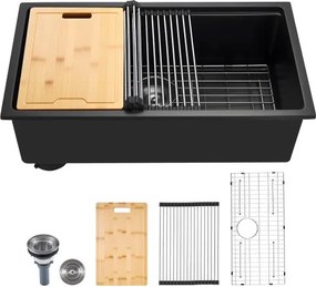 VEVOR Granieten Keuken Spoelbak (762 x 457 x 230 mm) voor opbouwmontage, Inbouw Spoelbak in Landelijke Stijl met Accessoires, Huishoudelijke Spoelbak voor Campers, Voorbereidingskeukens, Bars, Zwart