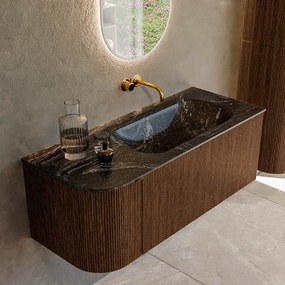 Mondiaz Kurve-dlux 115cm badmeubel ronding links walnut met 1 lade en deur en wastafel big small rechts zonder kraangat lava