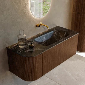 Mondiaz Kurve-dlux 115cm badmeubel ronding links walnut met 1 lade en deur en wastafel big small rechts zonder kraangat lava