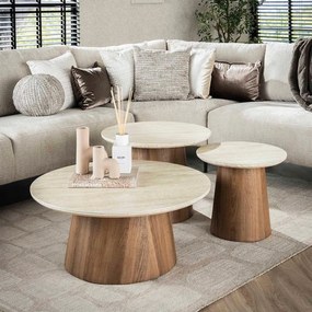 Ronde Salontafelset Hout En Travertin