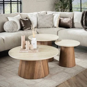 Ronde Salontafelset Hout En Travertin