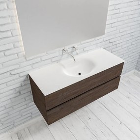 Zaro Sevilla Solid Surface badmeubel 120cm donker eiken zonder kraangat spoelbak midden met 2 lades