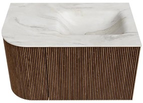 Mondiaz Kurve-dlux 75cm badmeubel ronding links walnut met 1 lade en deur en wastafel grunne kraangat rechts ostra