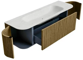 Mondiaz Kurve-dlux 150cm badmeubel ronding links/rechts dusk met 1 lade en 2 deuren en wastafel big medium midden 1 kraangat opalo