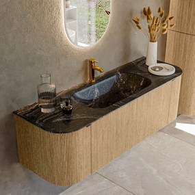 Mondiaz Kurve-dlux 140cm badmeubel ronding links/rechts oak met 1 lade en 2 deuren en wastafel big small midden 1 kraangat lava