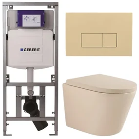 QeramiQ Dely Toiletset - 36.3x51.7cm - diepspoel - rimless - Geberit UP320 inbouwreservoir - softclose toilet zitting 35 mm - bedieningsplaat beige - rechthoekige knoppen - mat beige SW1000764/SW1000771/0701131/SW1102366