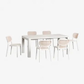 Rechthoekige 180x100 Cm Arnadine Tafelset En 6 Stapelbare Omara Tuinstoelen Van Polypropyleen Glaciale Wit - Sklum