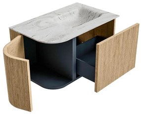 Mondiaz Kurve-dlux 75cm badmeubel ronding links oak met 1 lade en deur en wastafel grunne rechts zonder kraangat glace