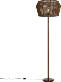 Vloerlamp walnoot hout met bruine papieren touw kap 50/50/30 - Mels