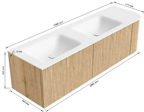 Mondiaz Kurve 155cm badmeubel ronding rechts oak met 2 lades en 1 deur en wastafel cloud dubbel/links 2 kraangaten