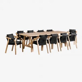 Rechthoekige Eettafelset 260x100 Cm Met 10 Acaciahouten Eetkamerstoelen Dubai Rustiek Acaciabruin & Stof Grijs – Grafiet - Sklum