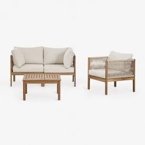 Woonkamer Set Met 2-delige Modulaire Bank Met Armleuningen, Fauteuil En Salontafel Van Acaciahout Branson Gardenia Wit & Acacia Bruin - Sklum