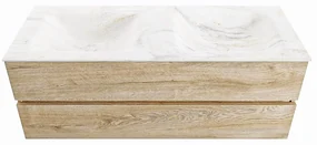 Mondiaz Vica DLux badmeubel 130cm washed oak 2 lades met wastafel ostra dubbel 2 kraangaten