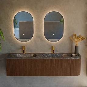 Mondiaz Kurve-dlux 165cm badmeubel ronding rechts walnut met 2 lades en 1 deur en wastafel stor small dubbel/links 2 kraangaten lava