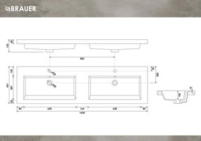 Brauer Solar Medium dubbele wastafel mineraalmarmer 160cm met 2 kraangaten wit mat