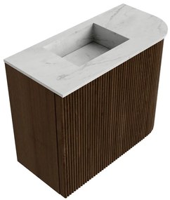 Mondiaz Joya DLux 50cm toiletmeubel ronding rechts walnut met wastafel faye links 1 kraangat opalo