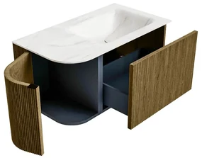 Mondiaz Kurve-dlux 85cm badmeubel ronding links dusk met 1 lade en deur en wastafel cloud kraangat rechts ostra