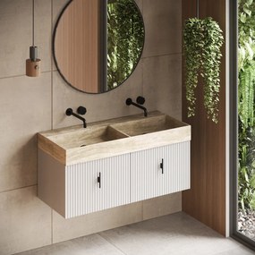 Muebles Zahora badmeubel ribbelfront 120cm wit mat met White Travertin wastafel zonder kraangaten