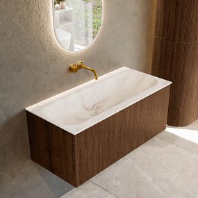 Mondiaz Kurve-dlux 100cm badmeubel walnut met 1 lade en wastafel big medium midden zonder kraangat frappe