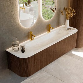 Mondiaz Kurve-dlux 170cm badmeubel ronding links/rechts walnut met 1 lade en 2 deuren en wastafel big large midden 2 kraangaten ostra