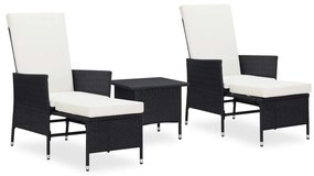 vidaXL 3-delige Loungeset met kussens poly rattan zwart