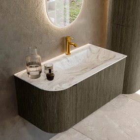 Mondiaz Kurve-dlux 95cm badmeubel ronding links shadow met 1 lade en deur en wastafel big small kraangat rechts glace