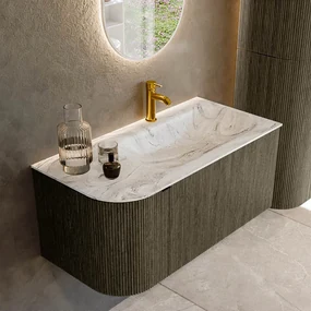 Mondiaz Kurve-dlux 95cm badmeubel ronding links shadow met 1 lade en deur en wastafel big small kraangat rechts glace