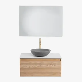 Tedrik Badkamermeubelset In Essenhout Ash Brown & Rond Grijs Cement Ø40 Cm Tarsis & Rechthoekige Led En Anticondens 100x70 Cm Tamsin & - Sklum