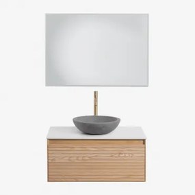 Tedrik Zwevend Badkamermeubelset 80x50 Cm In Essenhout Ash Brown & Rond Grijs Cement Ø40 Cm Tarsis & Rechthoekige Led En Anticondens 100x70 Cm - Sklum