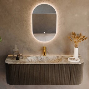 Mondiaz Kurve-dlux 140cm badmeubel ronding links/rechts shadow met 1 lade en 2 deuren en wastafel big small midden 1 kraangat glace