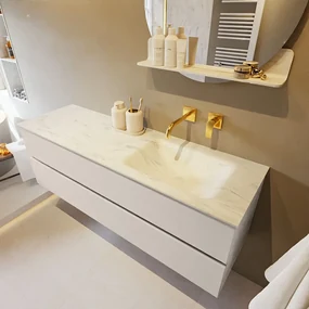 Mondiaz Vica DLux badmeubel 150cm linen 2 lades met wastafel opalo rechts zonder kraangat