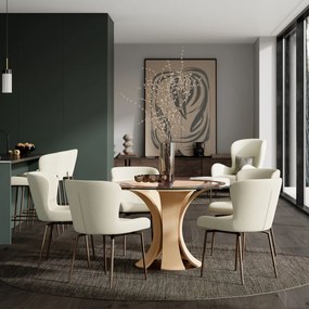 Dan-Form Glam Swivel Draaibare Eetkamerstoel Boucle Almond Shimmer En Antique Brass