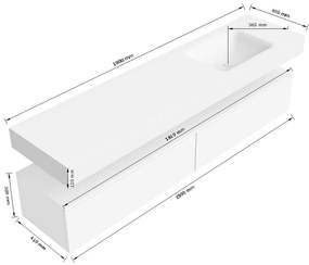 Zaro Alan badmeubel 190cm sand 2 lades met vrijhangende wastafel cloud rechts 1 kraangat talc