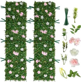 VEVOR Kunsthaag 2,4 m x 61 cm 2 stuks, Plantenwand, PE Privacyscherm, Privacyhek met Zijden Bloemen, Heghek, Kunstplanten Balkonbekleding voor Bruiloften, Buitentuinen, Achtertuinen