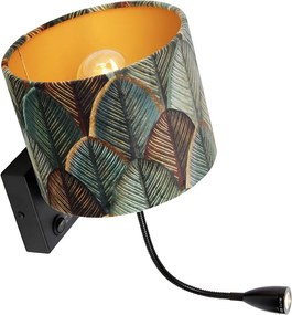 Wandlamp zwart met velours lampenkap blad dessin met gouden binnenkant - Brescia Combi
