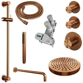 Brauer Stripe inbouw regendouche met 25cm hoofddouche, gebogen muurarm, staafhanddouche en glijstang set 8 koper geborsteld PVD