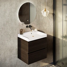 Fontana Kolo wastafelmeubel kasteel bruin 60cm glans witte wastafel 0 kraangaten met ronde spiegel