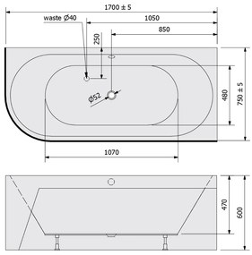 Polysan Monolith ligbad rechts 170x75x60cm wit