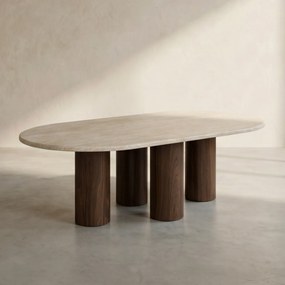 Salontafel Travertin Met Walnoot Poten - 130 X 70cm.