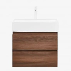 Badkamermeubelset Van Hout En Essenhoutfineer Met Geïntegreerde Wastafel Ona Donker Hout & Spiegelloze & Wit ↑20 Cm Met - Sklum