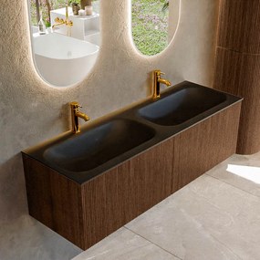 Mondiaz Kurve 140cm badmeubel walnut met 2 lades en wastafel big small dubbel 2 kraangaten urban