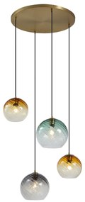 Hanglamp brons met smoke amber en groen glas rond 4-lichts - Bao Art Deco E27 Binnenverlichting Lamp