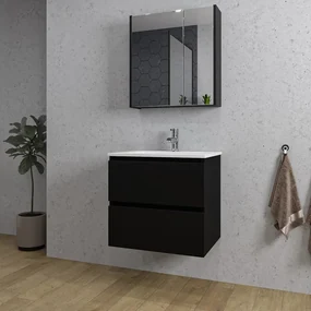 Adema Chaci Badkamermeubelset - 60x46x57cm - 1 keramische wasbak wit - 1 kraangat - 2 lades - Spiegelkast - mat zwart SW1212760/SW1212815/SW812071/SW804530