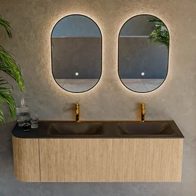 Mondiaz Kurve 145cm badmeubel ronding links oak met 1 lade en deur en wastafel cloud dubbel/rechts 2 kraangaten urban