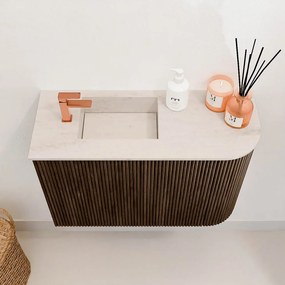 Mondiaz Joya DLux 60cm toiletmeubel ronding rechts walnut met wastafel faye links 1 kraangat meli