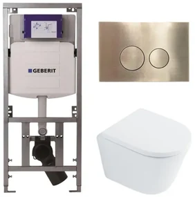QeramiQ Dely Toiletset - 36.3x51.7cm - diepspoel - rimless - Geberit UP320 Burda inbouwreservoir - softclose toilet zitting 35 mm - geborsteld messing bedieningsplaat - ronde knoppen - wit glans SW1026255 / SW1159505/0701131/SW706200