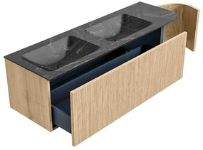 Mondiaz Kurve-dlux 145cm badmeubel ronding rechts oak met 1 lade en deur en wastafel leaf dubbel/links 2 kraangaten lava