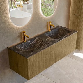 Mondiaz Kurve-dlux 130cm badmeubel dusk met 2 lades en wastafel leaf dubbel 2 kraangaten lava