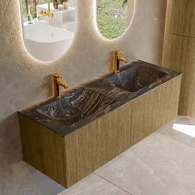 Mondiaz Kurve-dlux 130cm badmeubel dusk met 2 lades en wastafel leaf dubbel 2 kraangaten lava