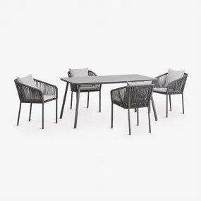 Rechthoekige Eettafelset 160x90 Cm Met 4 Eetkamerstoelen Van Gevlochten Touw Arhiza Classic Grijs – Grafiet - Sklum